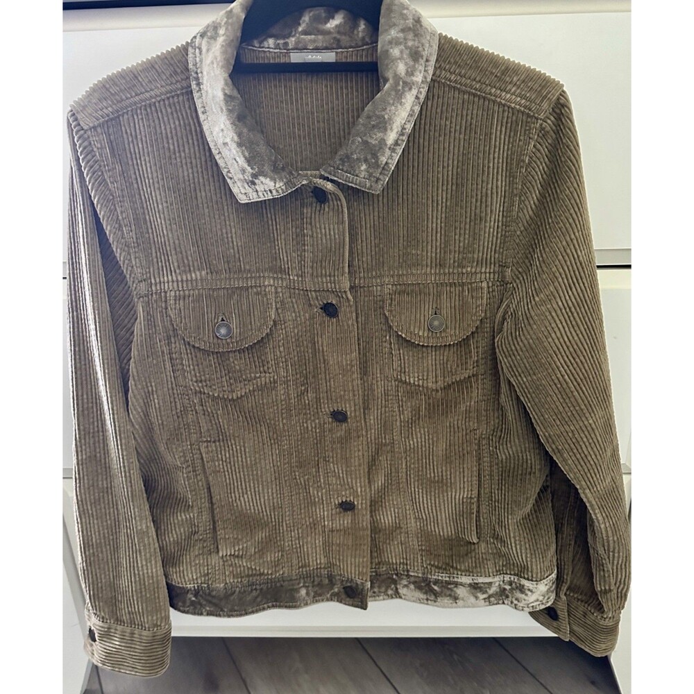 J. Jill Vintage Corduroy Trucker Jacket M Taupe Brown Velvet Trim Wide Wale